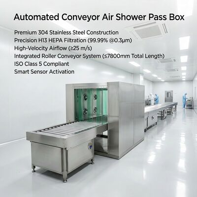 Douche d'air à rouleaux transportés avec double filtre HEPA et cadre en acier inoxydable 304 pour le système de transfert de salle blanche conforme à la norme ISO 14644 et GMP