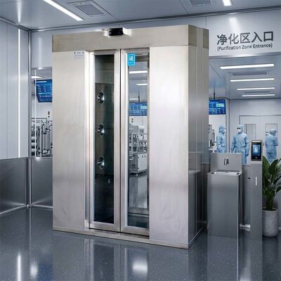 Douche d'air pour deux personnes certifiée ISO. Porte automatique et inoxydable. Flux d'air rapide de 1600 x 1500 x 2100 mm.