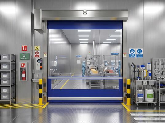 Porte roulante à grande vitesse avec rideau en PVC renforcé de 0,8 mm et vitesse réglable de 0,6-2,5 m/s dotée de capteurs de sécurité en cas d'urgence