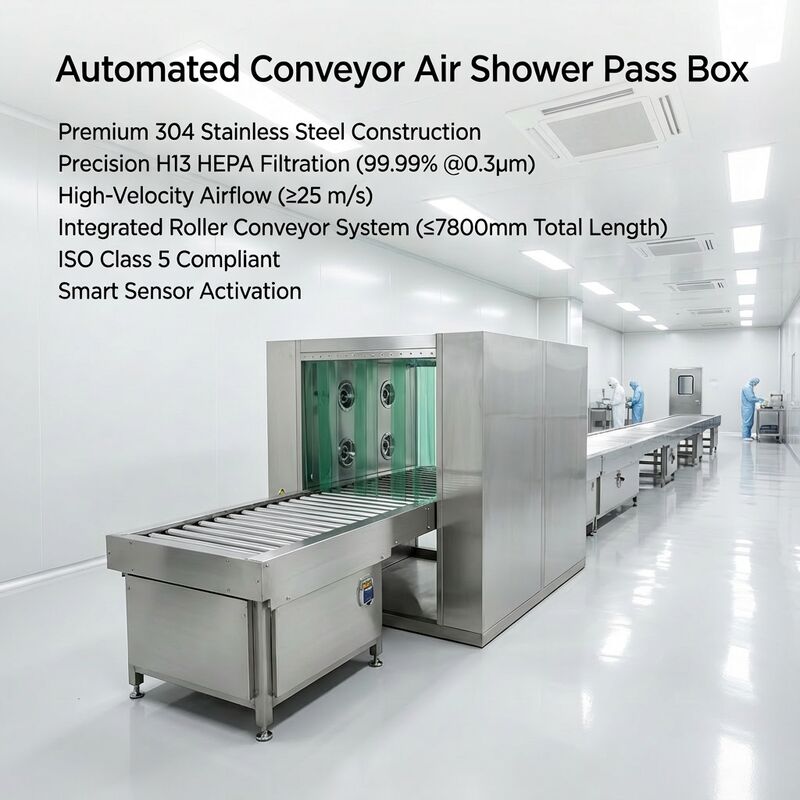 Douche d'air à rouleaux transportés avec double filtre HEPA et cadre en acier inoxydable 304 pour le système de transfert de salle blanche conforme à la norme ISO 14644 et GMP