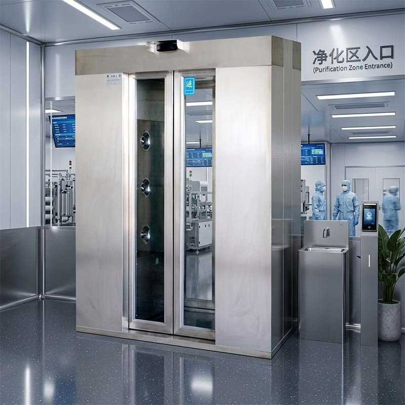 Douche d'air pour deux personnes certifiée ISO. Porte automatique et inoxydable. Flux d'air rapide de 1600 x 1500 x 2100 mm.