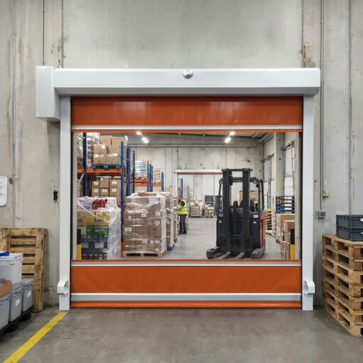 Porte roulante haute vitesse résistante au vent avec capteur radar et rideau en PVC de 0,8 mm pour installations industrielles